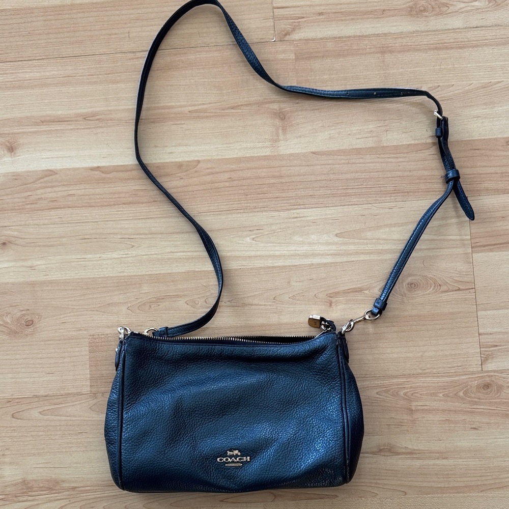 Coach Dark Blue Pebbled Leather Adjustable Strap Crossbody